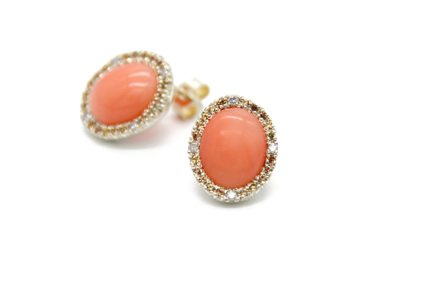 Coral, Sapphire and Diamond Halo Studs