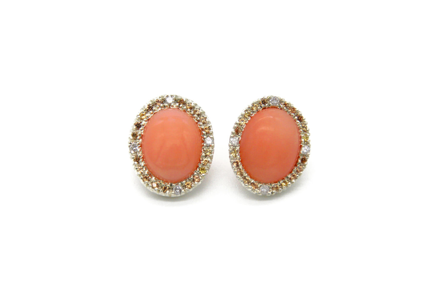 Coral, Sapphire and Diamond Halo Studs