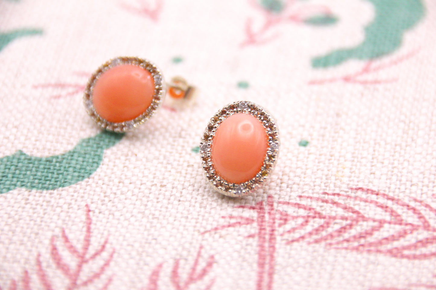 Coral, Sapphire and Diamond Halo Studs